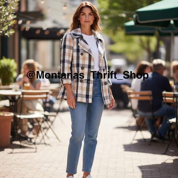 Ann Taylor Medium Weekend Collection tan black cream Plaid Short Trench Coat - Picture 2 of 11